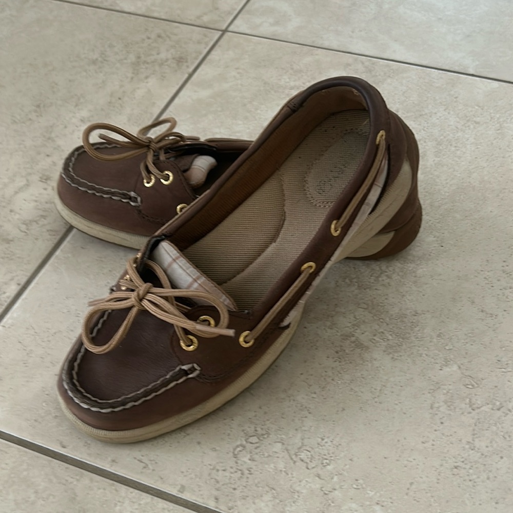 Sperry Top-Sider Angelfish Tan Leather Plaid Boat Shoes Women's Size 7.5